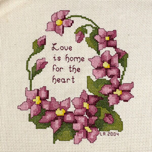 Completed Vintage Cross Stitch - Love is Home For The Heart - Signed LA 2004